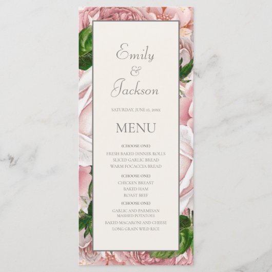 Aquarelle rose pâle Floral Cream Menu Mariage (Devant)