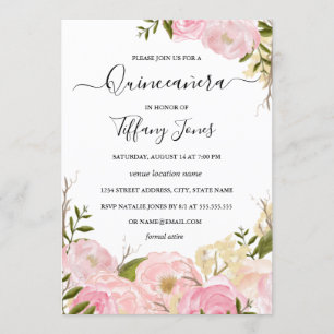 Aquarelle rose pâle Floral Quinceanera Invitation