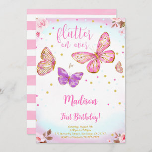 Aquarelle rose Papillon Invitation d'anniversaire