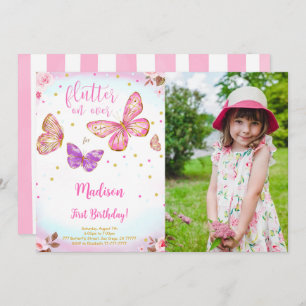 Aquarelle rose Papillon Photo Invitation