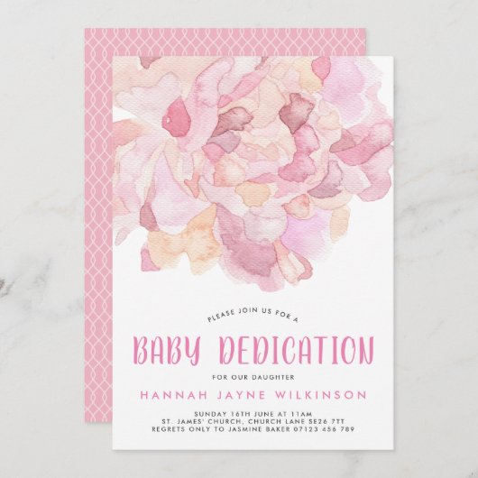 Aquarelle rose Peony bébé Dedication Invitation (Devant / Derrière)