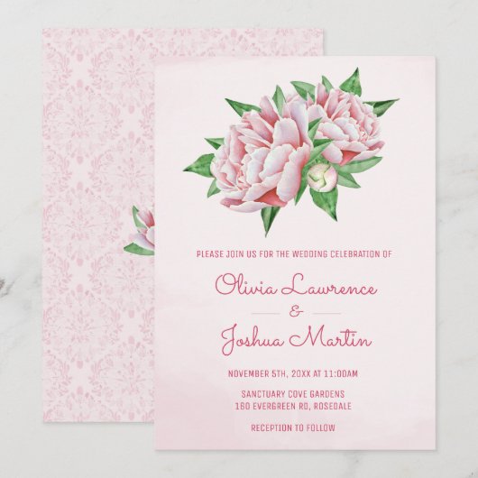 Aquarelle rose Peony Invitations de mariage (Devant / Derrière)