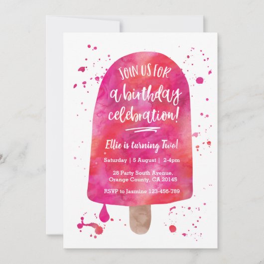 Aquarelle rose Popsicle Invitation d'anniversaire (Devant)
