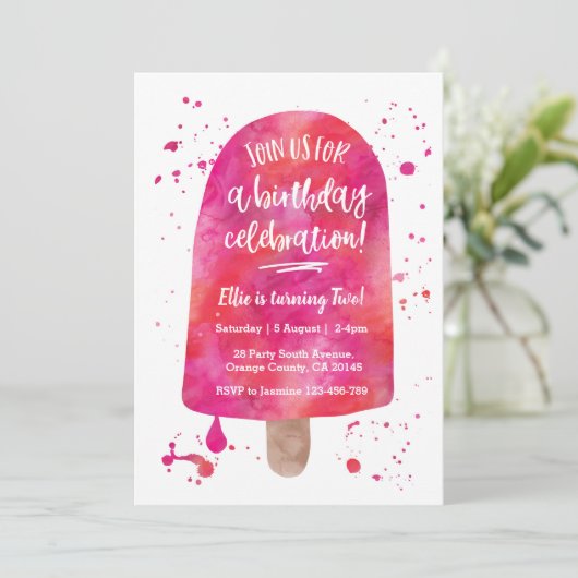 Aquarelle rose Popsicle Invitation d'anniversaire (Debout devant)