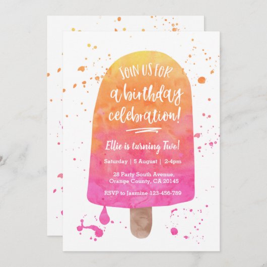 Aquarelle rose Popsicle Invitation d'anniversaire (Devant / Derrière)