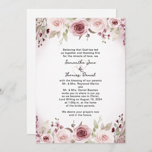 Aquarelle Rose poussiéreuse Faire-part de mariage (Devant / Derrière)