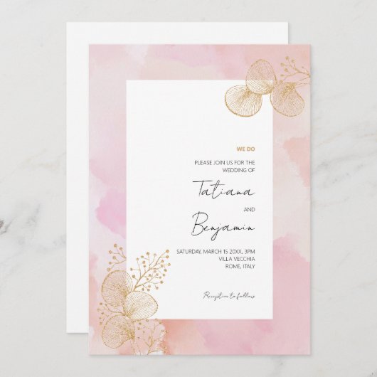 Aquarelle rose poussiéreuse Faire-part de mariage (Devant / Derrière)