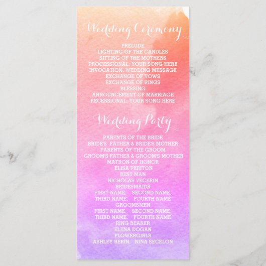 Aquarelle rose, programme de mariage de plage d'ét (Dos)