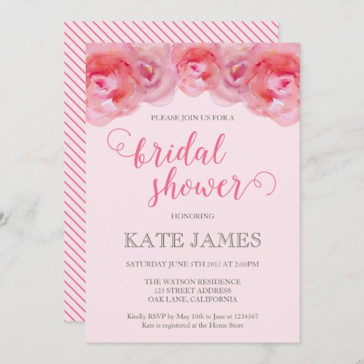 Aquarelle rose Rose Invitation à la douche nuptial (Devant / Derrière)