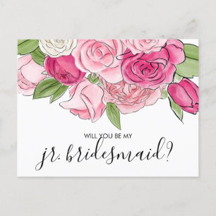 Aquarelle rose Roses Be My Jr Bridesmaid Carte Pos