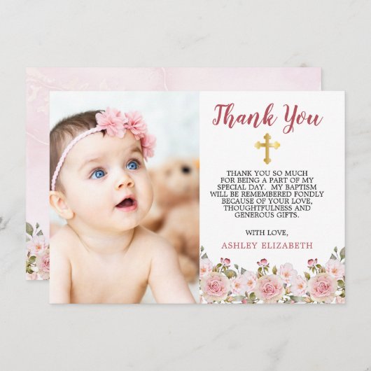 Aquarelle rose Roses Floral Baptême Merci (Devant / Derrière)