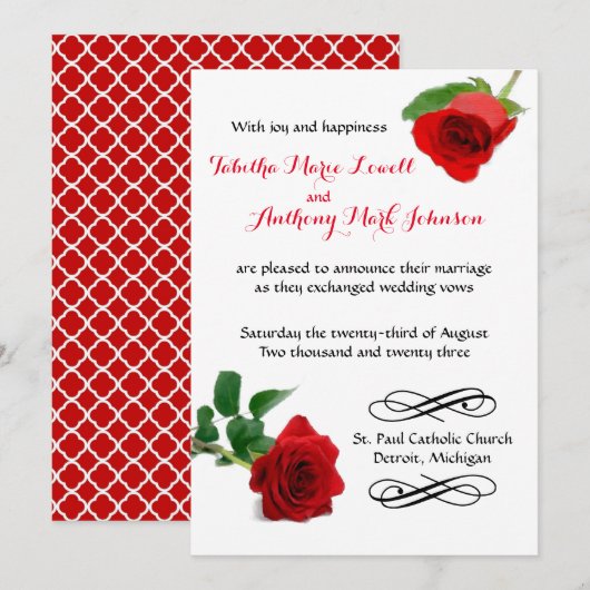 Aquarelle Rose Rouge - Invitation de Mariage (Devant / Derrière)