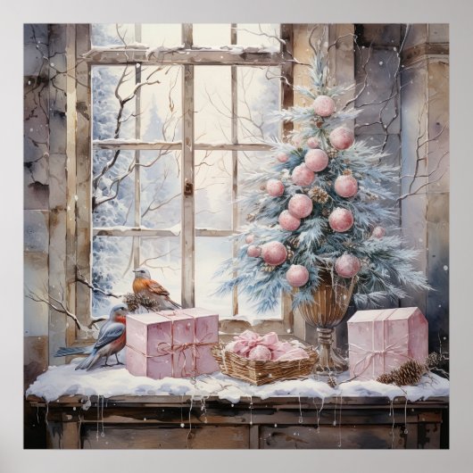 Aquarelle rose Shabby Chic Poster de Noël (Devant)