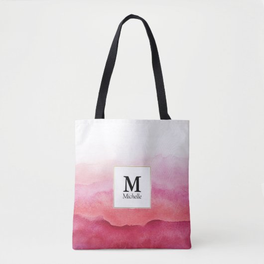Aquarelle rose Vagues Sac fourre-tout Monogramme (Devant)