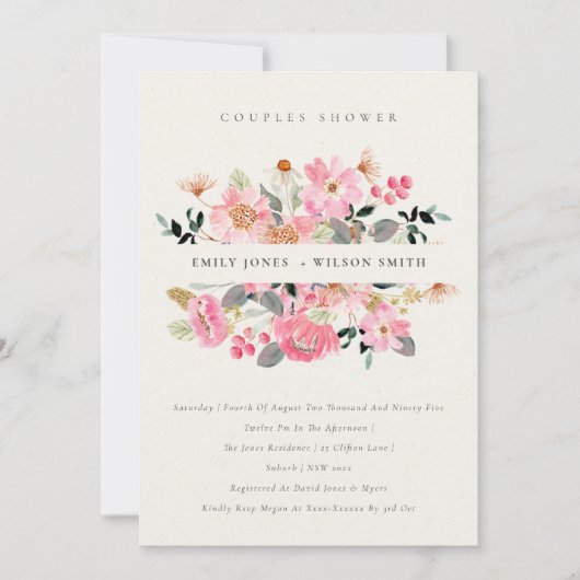 Aquarelle rose vif Flora Couples Invitation douche (Devant)