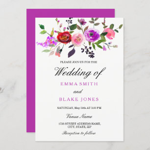 Aquarelle rose violet Faire-part de mariage Floral