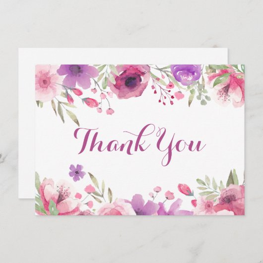 Aquarelle Roses Feuillage Script Merci (Devant / Derrière)