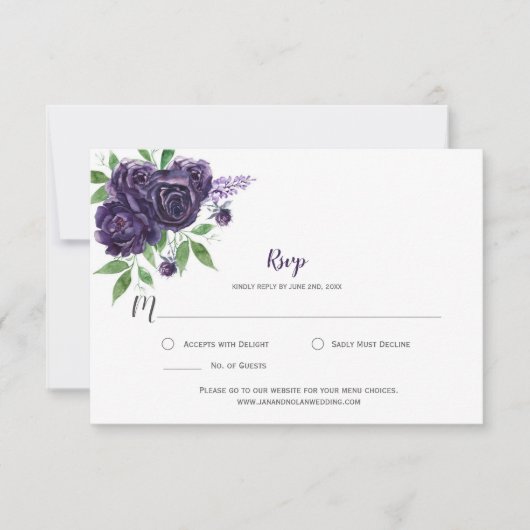 Aquarelle Roses Foncé Pourpres Feuillage RSVP (Devant)