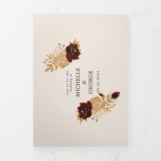 Aquarelle Roses or Faire-part de mariage triplé (Page de couverture)