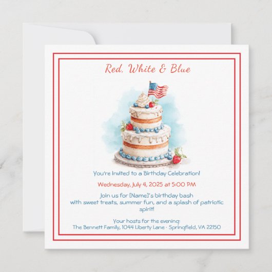 Aquarelle rouge blanc et bleu Invitation d'anniver (Devant)