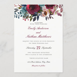 Aquarelle rouge Bourgogne Faire-part de mariage fl