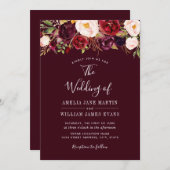 Aquarelle Rouge Bourgogne Faire-part de mariage Fl (Devant / Derrière)