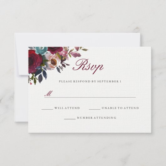Aquarelle rouge Bourgogne Mariage floral RSVP (Devant)