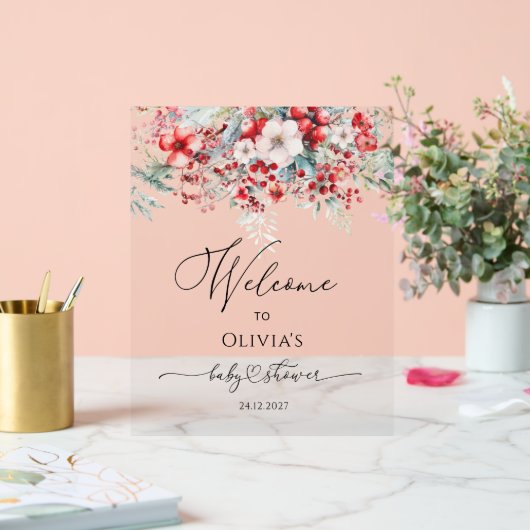 Aquarelle Rouge hiver Baby shower Floral Bienvenue (Mariage)
