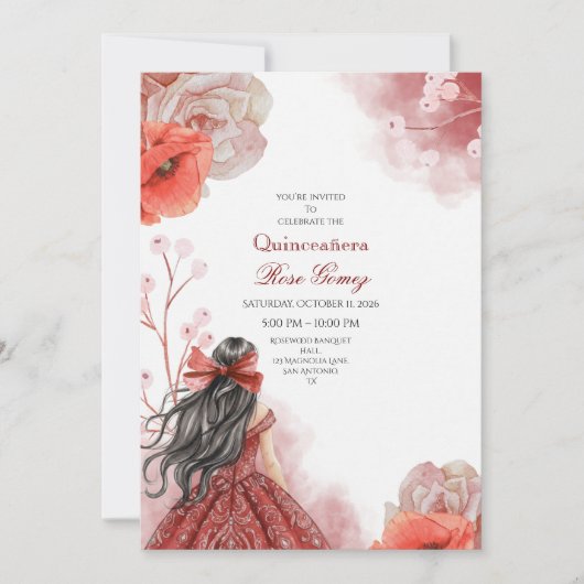 Aquarelle rouge modifiable Quinceañera Invitation (Devant)