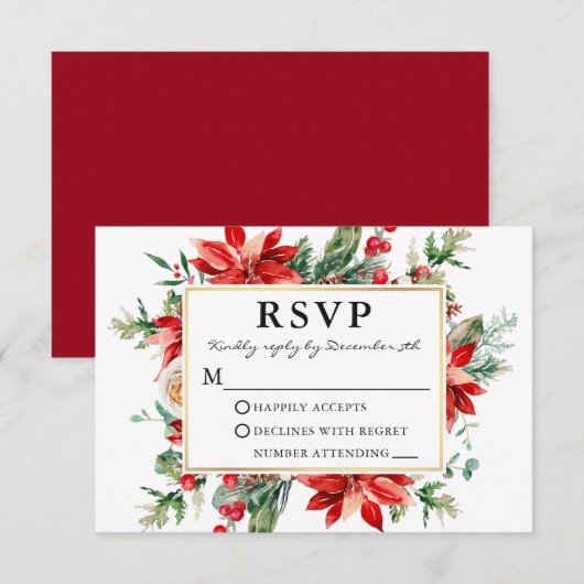 Aquarelle Rouge Poinsettia Mariage floral RSVP (Devant / Derrière)