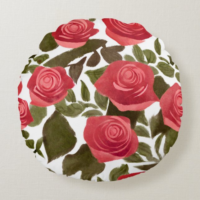 Aquarelle Rouge Rose Bouquet Coussin rond (Devant)