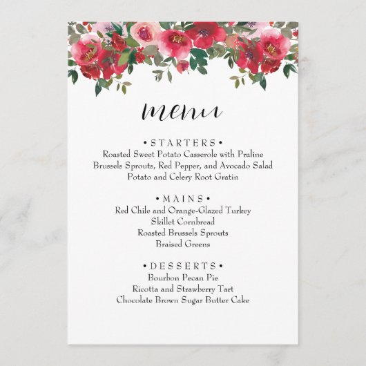 Aquarelle Rouge Rose Floral Mariage Menu (Devant)