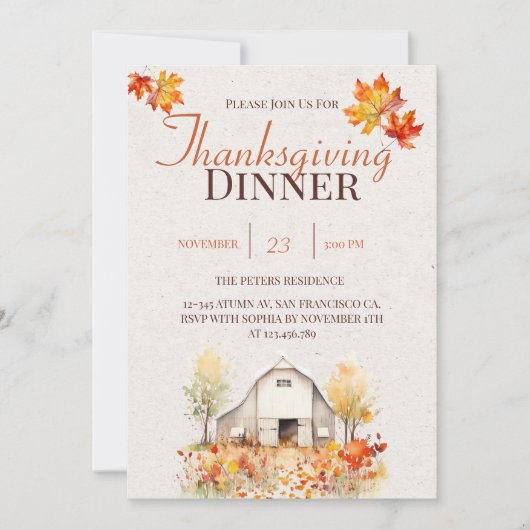 Aquarelle Rustique Automne Thanksgiving Invitation (Devant)