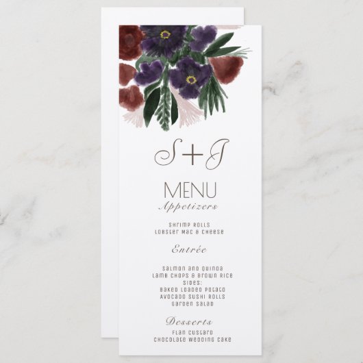 Aquarelle Rustique Botanique Bouquet Menu Dîner (Devant / Derrière)