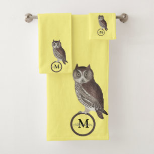 Aquarelle rustique Chouette Monogramme Nom Gris