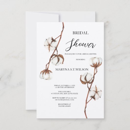 Aquarelle rustique invitation fleur de coton de na (Devant)