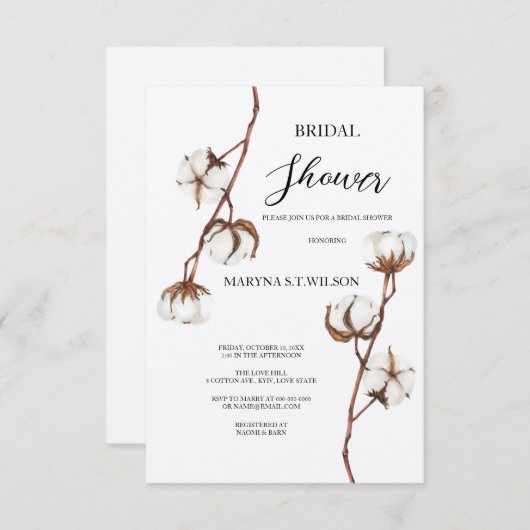 Aquarelle rustique invitation fleur de coton de na (Devant / Derrière)