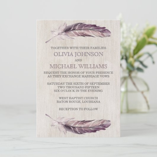 Aquarelle rustique plumes Invitations de mariage (Debout devant)