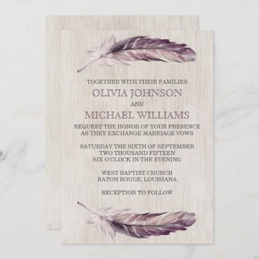 Aquarelle rustique plumes Invitations de mariage (Devant / Derrière)