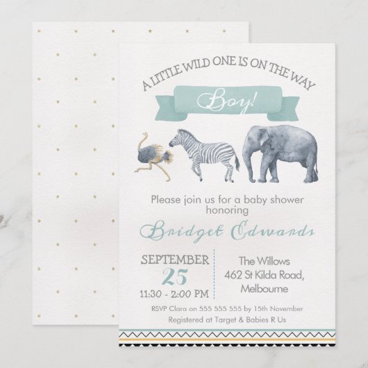 Aquarelle Safari Animaux Baby shower Invitation (Devant / Derrière)