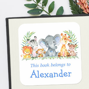 Aquarelle Safari Animaux Blue Bookplate Étiquette