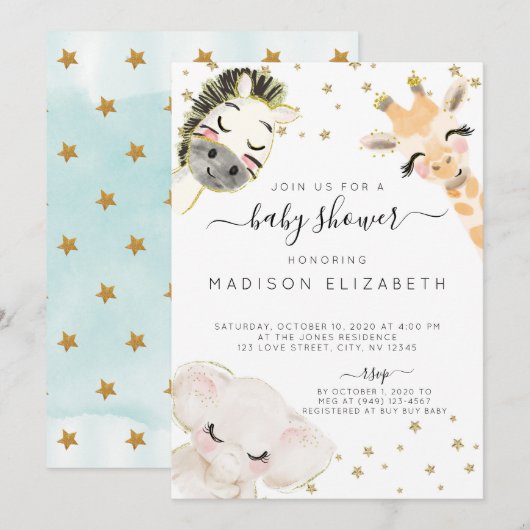 Aquarelle Safari Baby shower animal Invitation (Devant / Derrière)