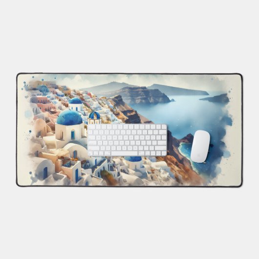 Aquarelle Santorin Grèce Bleu et blanc (Clavier et souris)