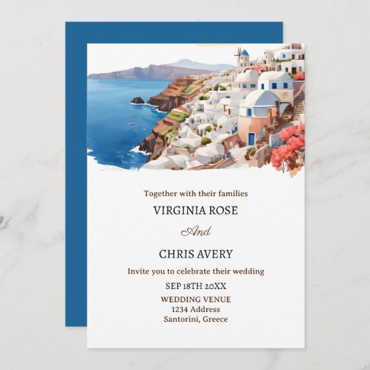 Aquarelle santorini invitations de mariage (Devant / Derrière)