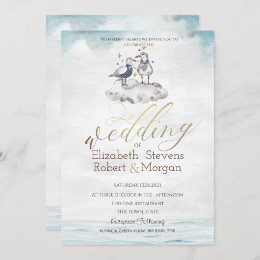 Aquarelle Seagulls Plage Mariage Invitation (Devant / Derrière)