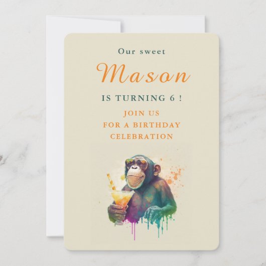 Aquarelle Singe - Carte d'invitation d'anniversair (Devant)