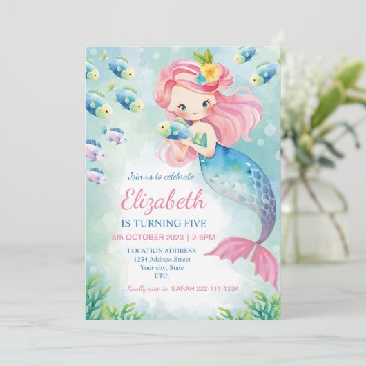 Aquarelle Sirène Anniversaire Invitation (Debout devant)
