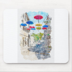 Aquarelle sketch art. Street met meerkleurige umb Muismat