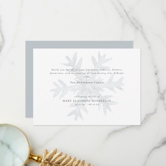 Aquarelle Snowflake Bereavale Merci funéraire (Devant/Arrière en situation)