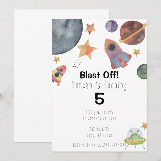 Aquarelle spatiale Invitation d'anniversaire (Devant / Derrière)